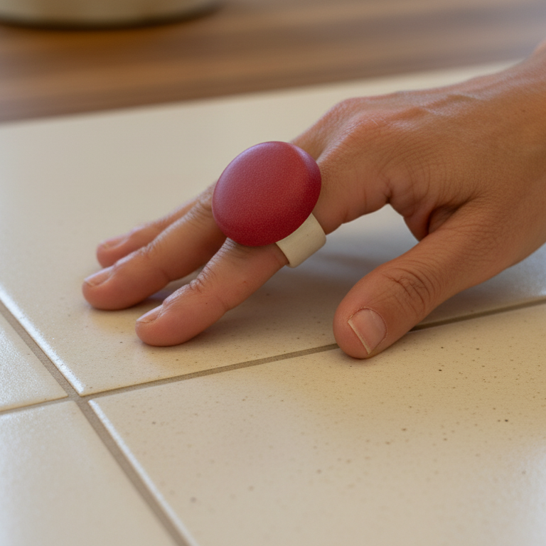 Esfera Red Velvet — anillo de porcelana rojo mate con banda blanca en mano apoyada sobre baldosa beige