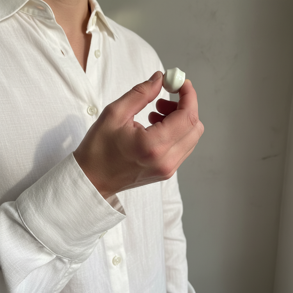 Onda Blanco — anillo de porcelana blanca brillante forma orgánica redondeada en mano cerrada con camisa blanca lino, fondo gris