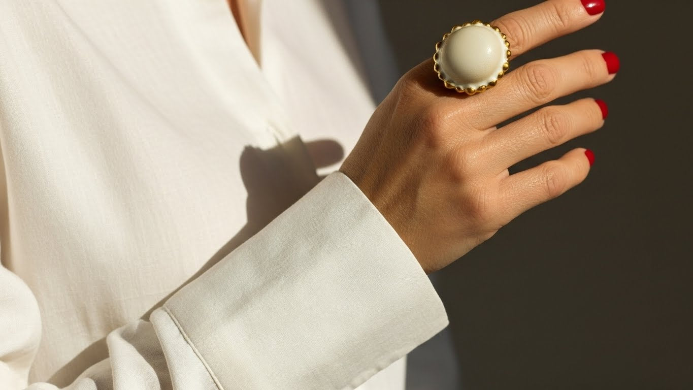 Sol de Invierno — anillo de porcelana blanca mate con orla de bolitas de oro en mano con uñas rojas y camisa blanca, fondo oscuro con luz solar lateral