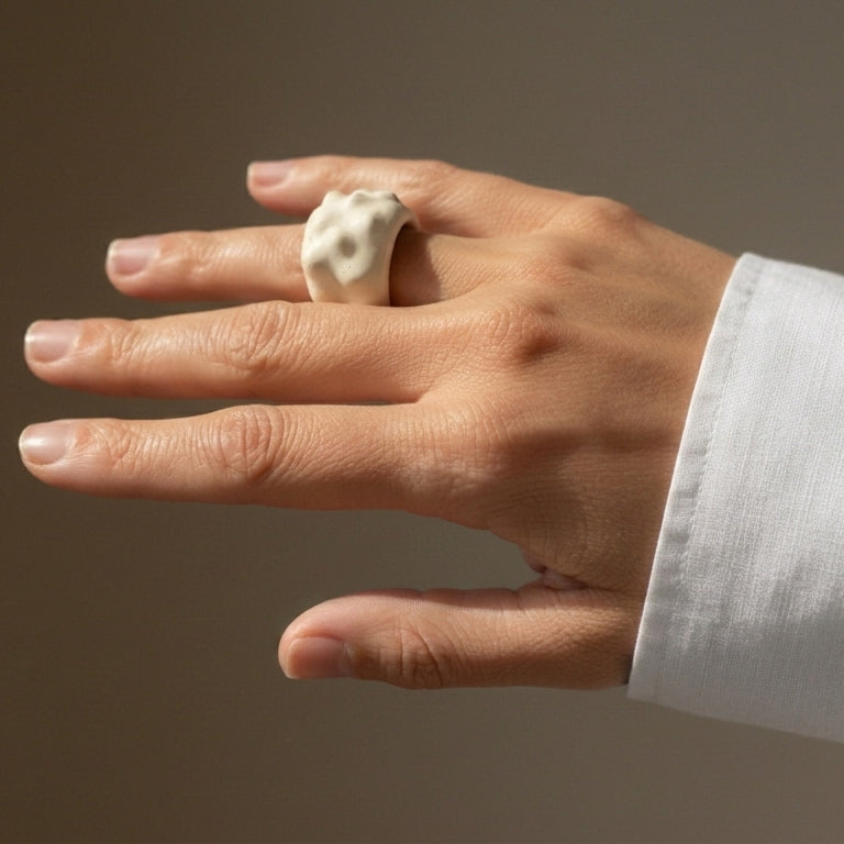Erizo — anillo de porcelana blanca en mano con camisa blanca, vista lateral