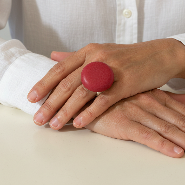 Esfera Red Velvet — anillo de porcelana rojo mate con banda blanca en mano sobre mesa blanca, camisa lino