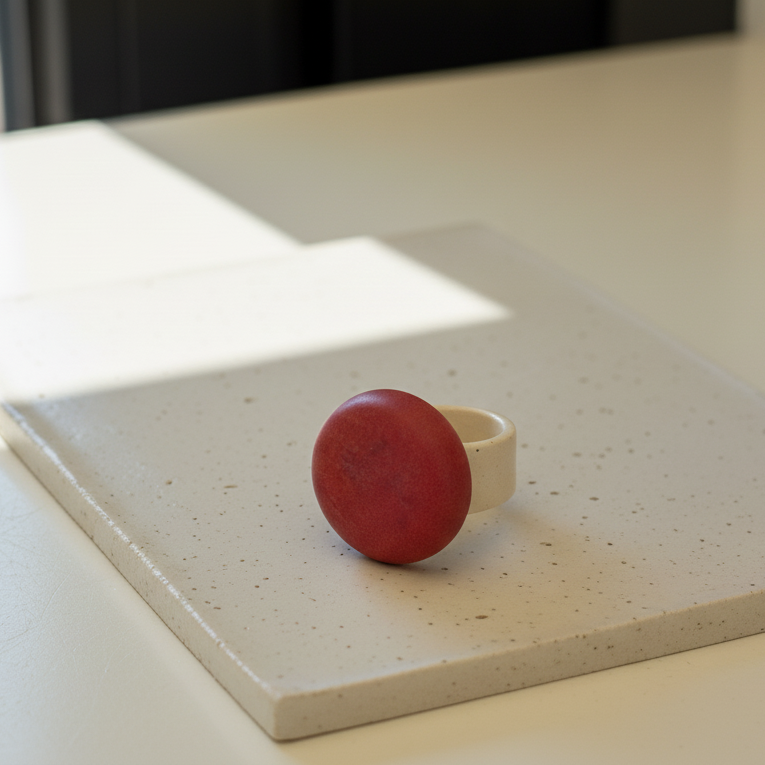 Esfera Red Velvet — anillo de porcelana rojo mate con banda blanca sobre baldosa de mármol blanco con luz solar