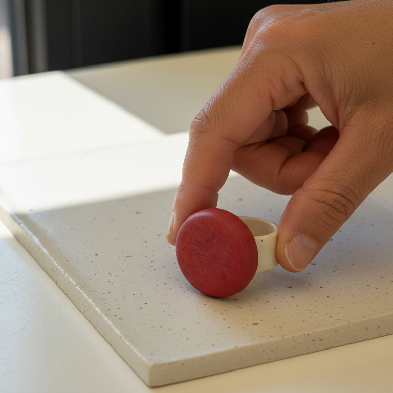 Esfera Red Velvet — anillo de porcelana rojo mate con banda blanca sostenido entre dedos sobre baldosa