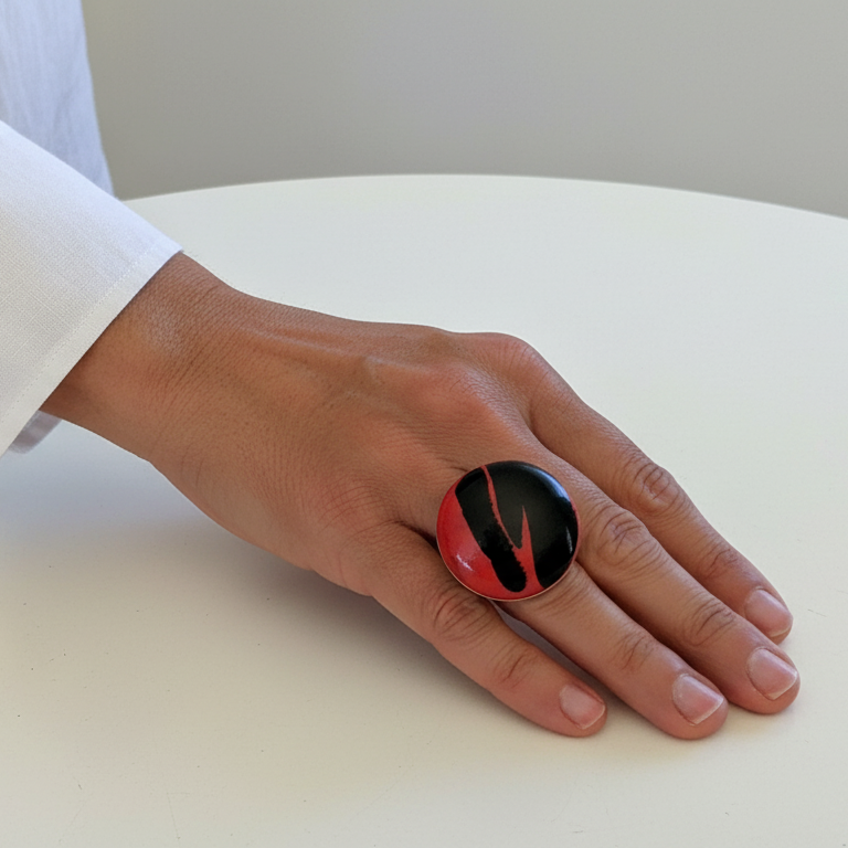 Magma — anillo de porcelana negro con vetas rojo carmín en mano sobre mesa blanca, vista superior