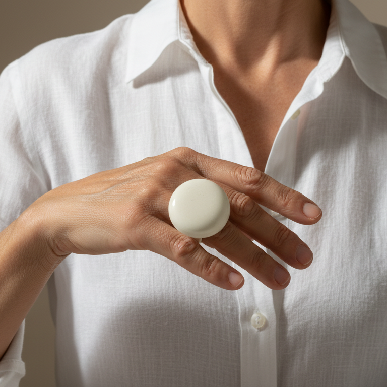 Esfera — anillo de porcelana blanca semiesférica en mano abierta con camisa de lino blanca