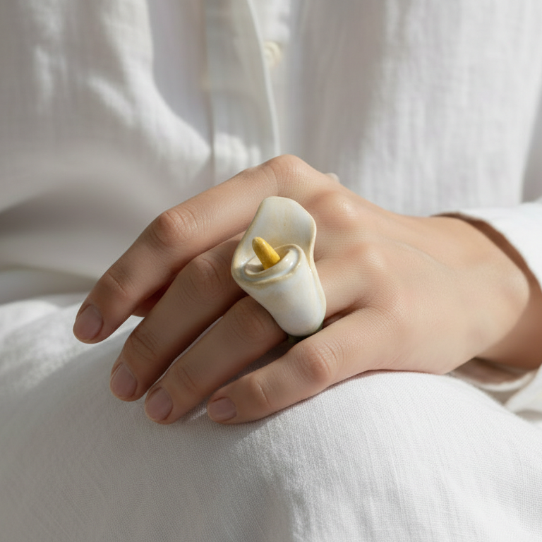 Cala — anillo de porcelana con flor de cala blanca en mano apoyada sobre tela blanca, camisa lino