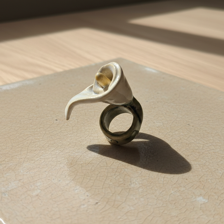 Cala — anillo de porcelana con flor de cala blanca sobre baldosa beige con sombras de luz solar