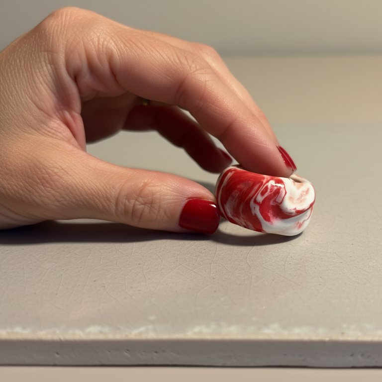 Petra Surco Rouge — anillo de porcelana marmolada rojo y blanco sostenido sobre tabla de madera con luz cálida