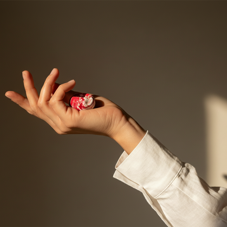 Petra Surco Rouge — anillo de porcelana marmolada rojo y blanco sobre baldosa de mármol blanco, vista lateral