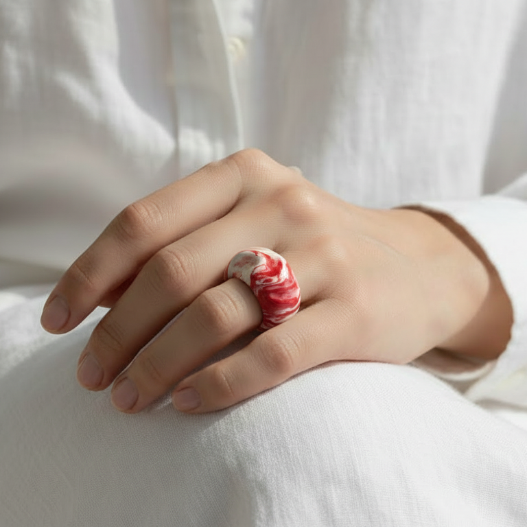 Petra Surco Rouge — anillo de porcelana marmolada rojo y blanco sobre baldosa beige con sombras de luz solar