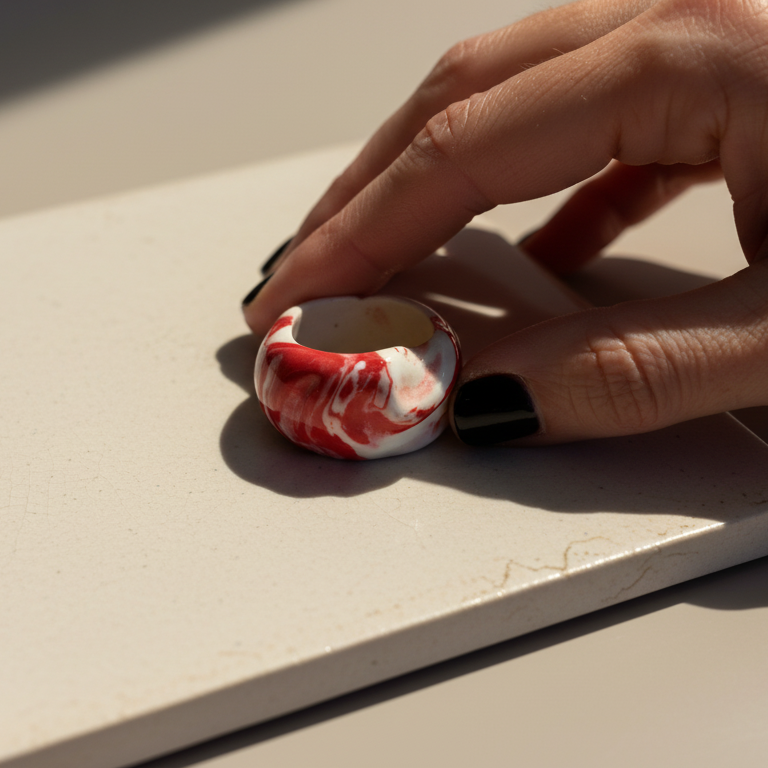 Petra Surco Rouge — anillo de porcelana marmolada rojo y blanco en retrato editorial de moda con camisa blanca