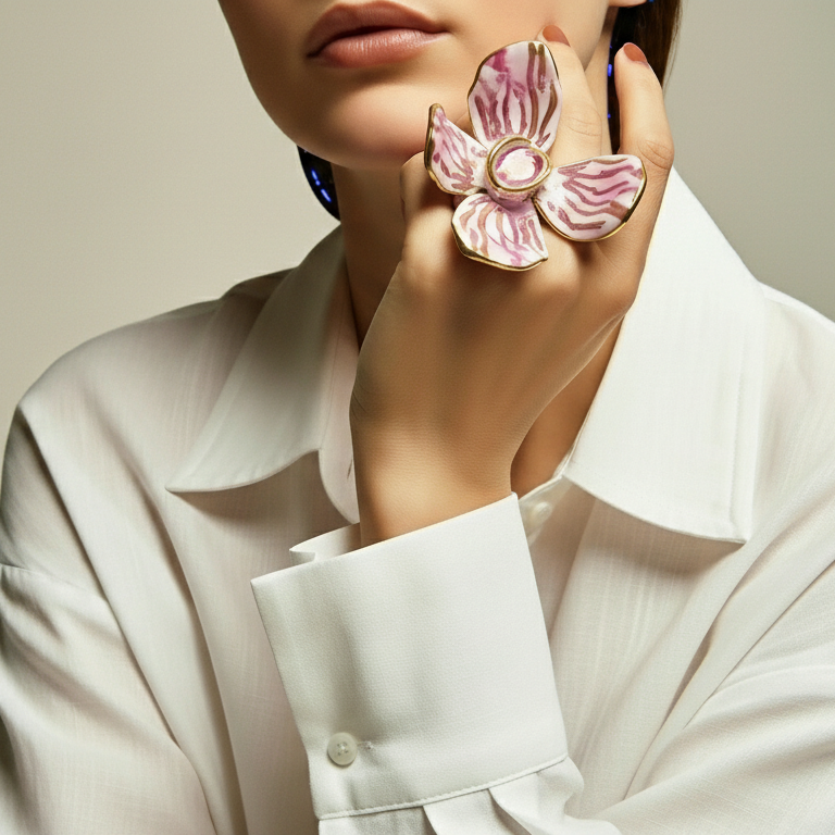 Jazmín Dorado — anillo flor de porcelana blanca con vetas lila y bordes dorados en mano apoyada en mejilla, camisa blanca