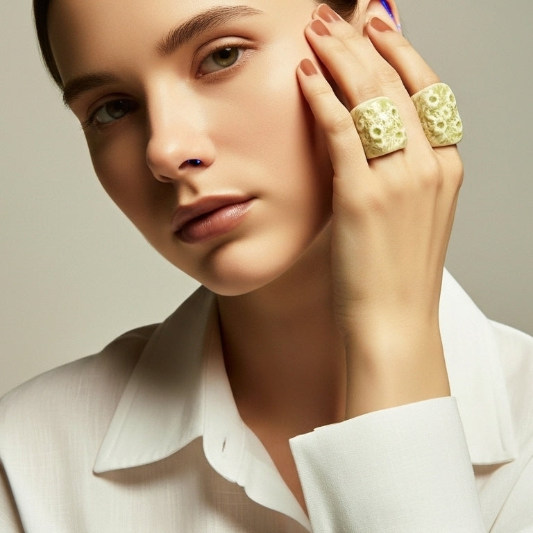 Coral Fosilizado — anillo de porcelana crema con textura de coral en retrato editorial, mano en mejilla, camisa blanca