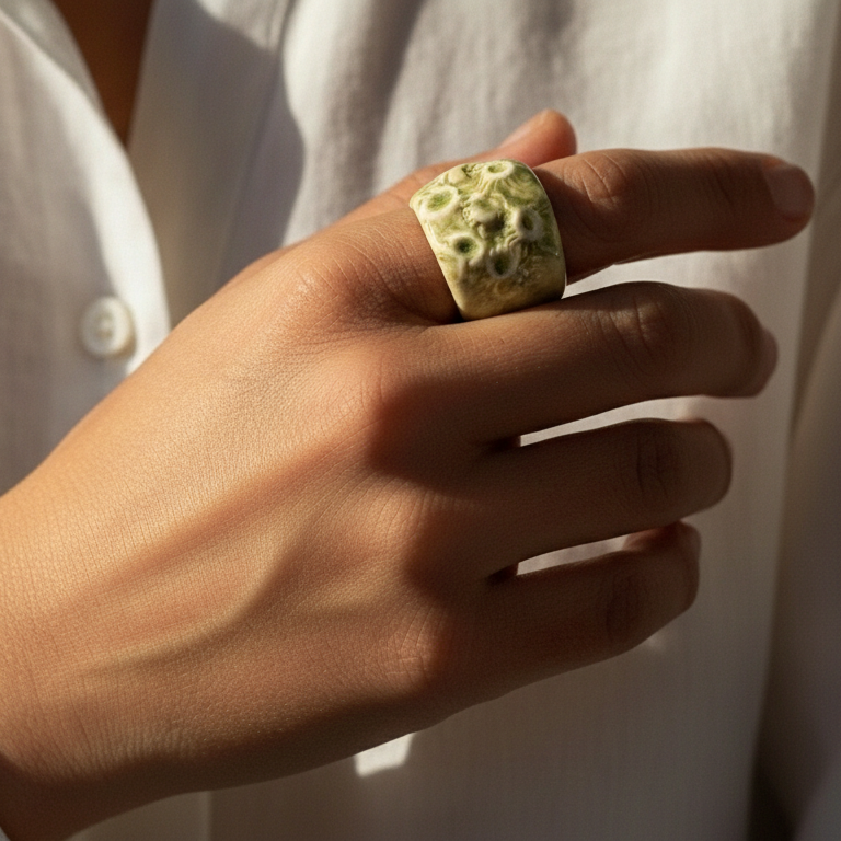 Coral Fosilizado — anillo de porcelana crema con textura de coral en mano apoyada en pecho con camisa blanca