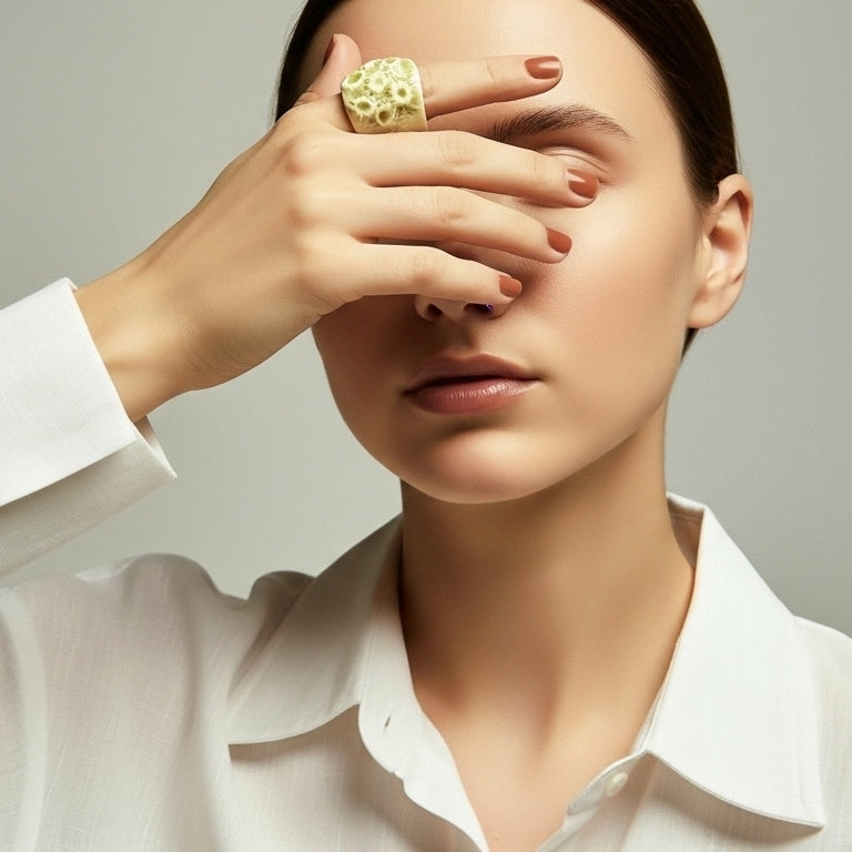 Coral Fosilizado — anillo de porcelana crema con textura de coral en mano tapando ojo, camisa blanca, fondo gris