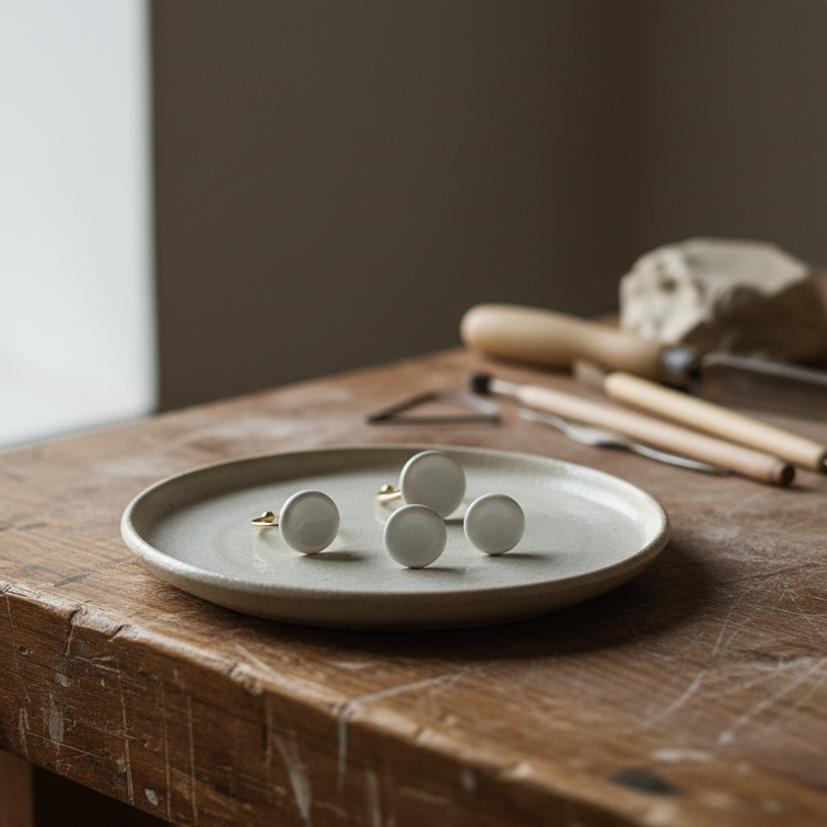 Nidus Blanco — anillo de porcelana blanca cóncava en mano con dos anillos Nidus en dedos distintos, camisa blanca
