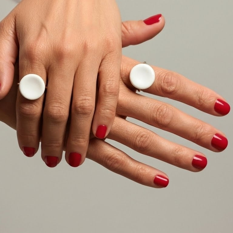 Nidus Blanco — cuatro anillos Nidus blancos sobre superficie gris, vista cenital con aros dorados visibles