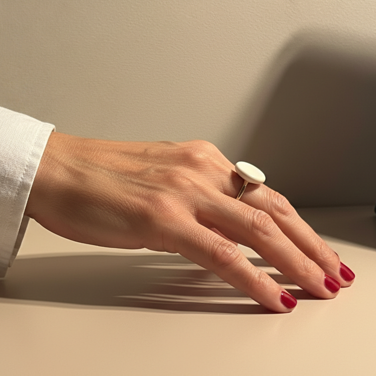 Nidus Blanco — anillo de porcelana blanca cóncava en mano con dos anillos en dedos distintos, camisa blanca, fondo beige
