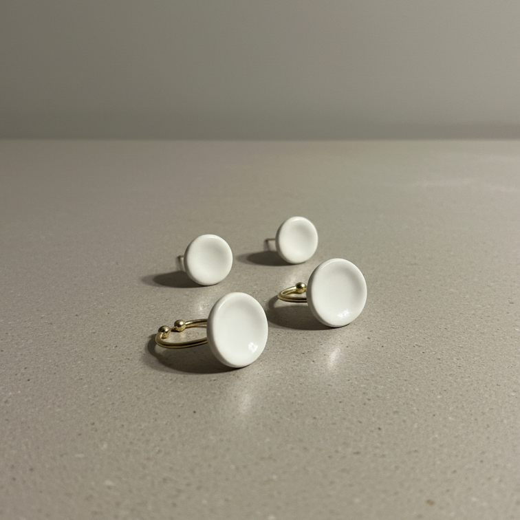Nidus Blanco — anillo de porcelana blanca cóncava en mano con dos anillos, camisa blanca, fondo beige, ángulo superior