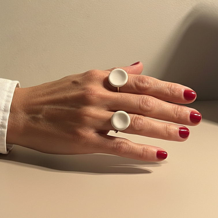 Nidus Blanco — anillo de porcelana blanca cóncava en mano apoyada sobre superficie beige con camisa blanca, vista superior
