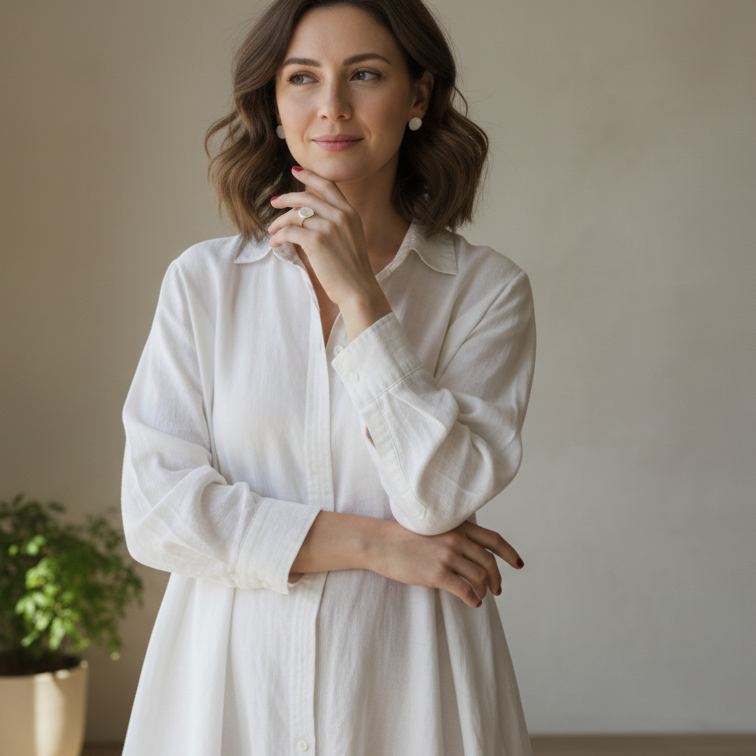 Nidus Blanco — retrato editorial mujer con camisa blanca y anillo Nidus Blanco en mano apoyada en barbilla, fondo neutro