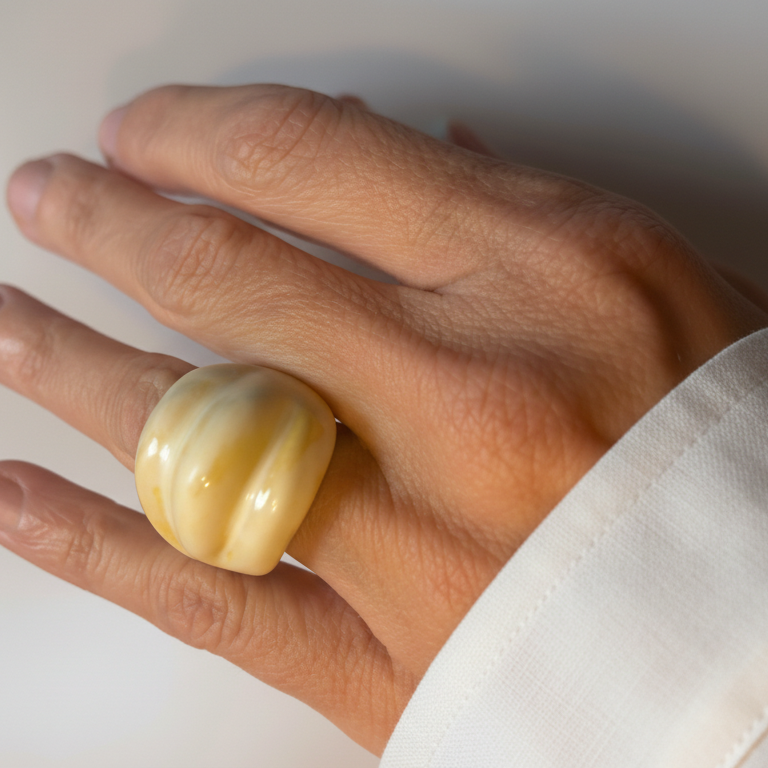 Onda Blanco Antiguo — anillo de porcelana crema acanalada en mano apoyada sobre superficie blanca con camisa lino, vista frontal