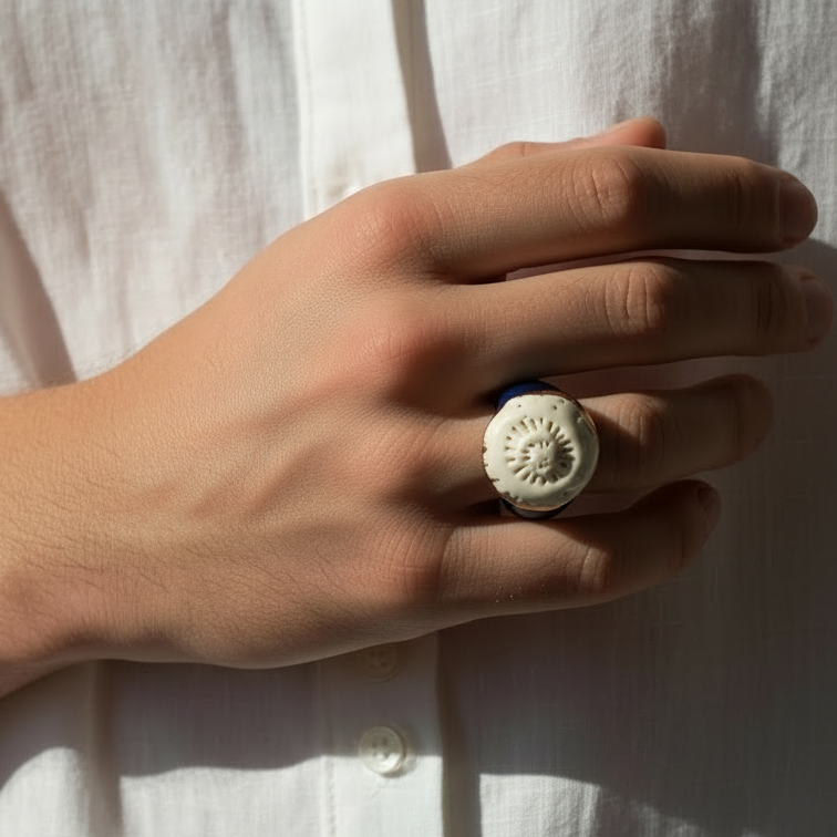 Caracola sobre el Mar — anillo de porcelana calada blanca con detalles dorados sobre banda azul marino, en mano apoyada en camisa blanca, vista frontal