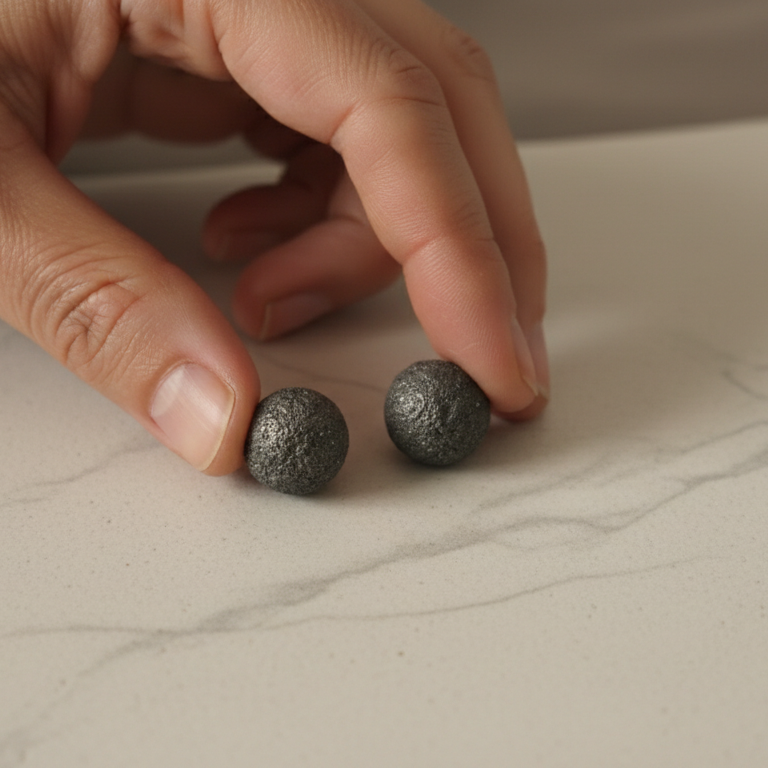Grava Puzolana Negra Pendientes — dos ear studs de barro negro de alta temperatura con textura volcánica sobre mármol blanco, mano sosteniendo uno de ellos
