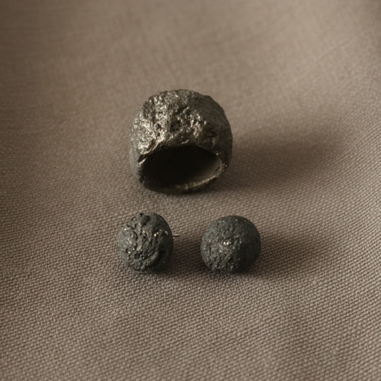 Grava Puzolana Negra — anillo y pendientes de barro negro de alta temperatura sobre superficie marrón, vista frontal con textura volcánica visible