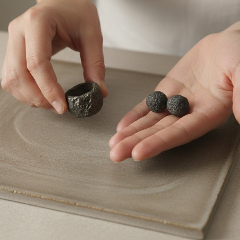 Grava Puzolana Negra — anillo y pendientes de barro negro de alta temperatura sobre tabla de cerámica cruda en manos de artesana, taller