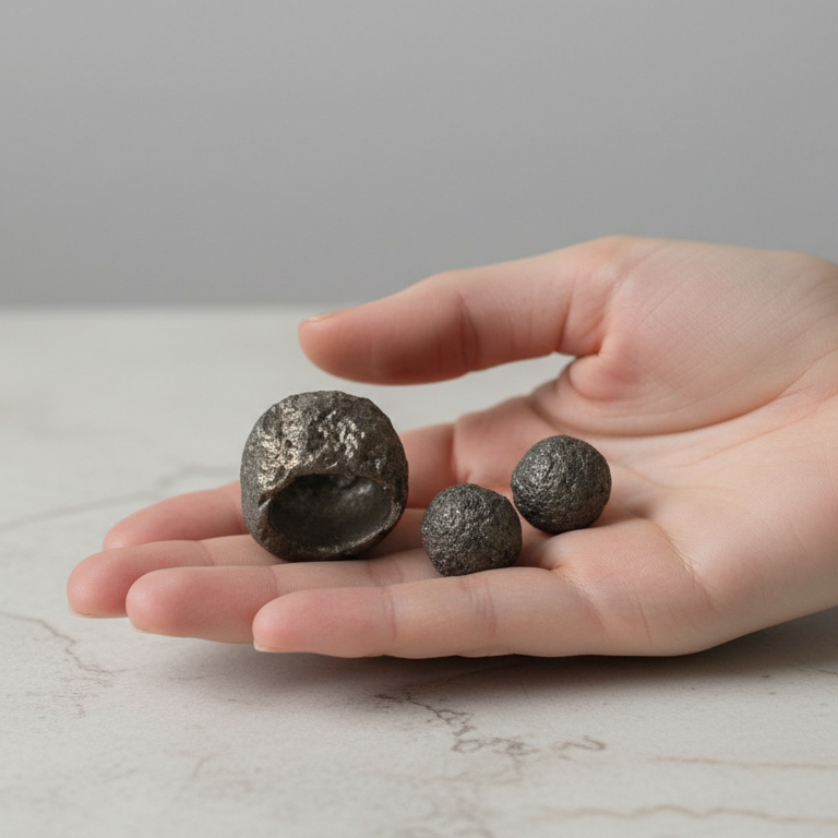 Grava Puzolana Negra — anillo y pendientes de barro negro de alta temperatura en palma de mano abierta sobre superficie de mármol blanco