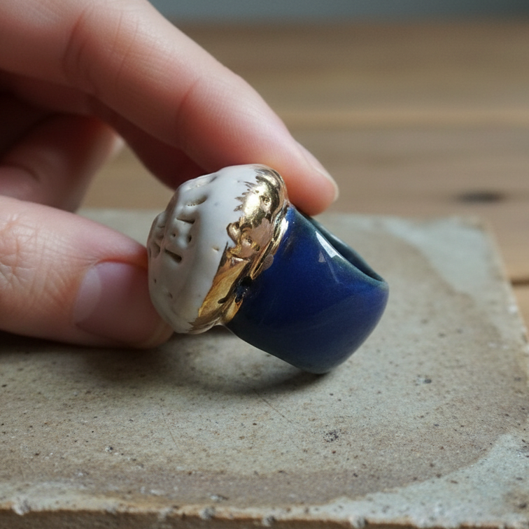 Caracola sobre el Mar — anillo de porcelana calada blanca con detalles dorados sobre banda azul marino, en mano apoyada en camisa blanca, vista lateral