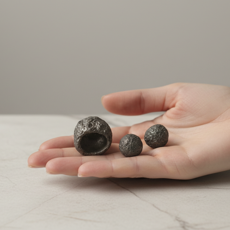 Grava Puzolana Negra — anillo y pendientes de barro negro de alta temperatura en palma de mano, vista lateral sobre mármol blanco