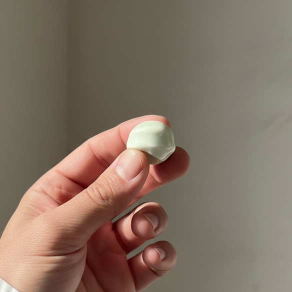 Onda Blanco — anillo de porcelana blanca brillante forma orgánica redondeada sostenido entre índice y pulgar, camisa blanca, fondo gris
