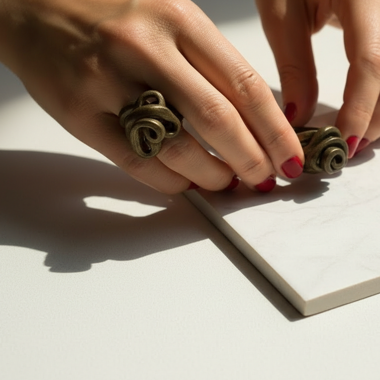 Peine Bronce — anillo de barro negro entrelazado en mano con uñas rojas apoyada sobre superficie blanca con sombra solar lateral