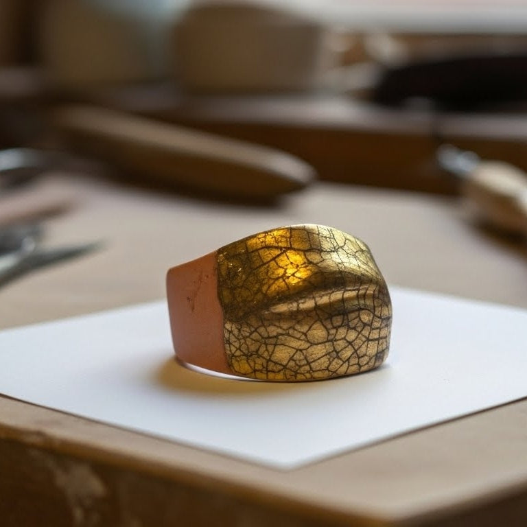 Crépité — anillo de barro terracota con cúpula de oro craquelado sobre papel blanco en taller artesanal, vista frontal con fondo desenfocado