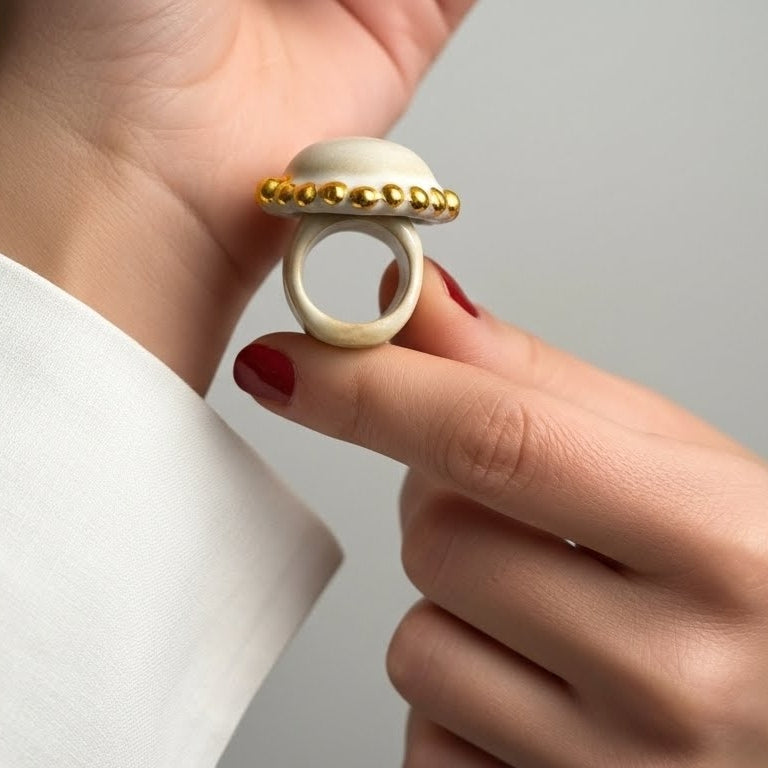Sol de Invierno — anillo de porcelana blanca mate con orla de bolitas de oro sostenido entre dedos con uñas rojas, vista lateral mostrando la cúpula y la orla dorada