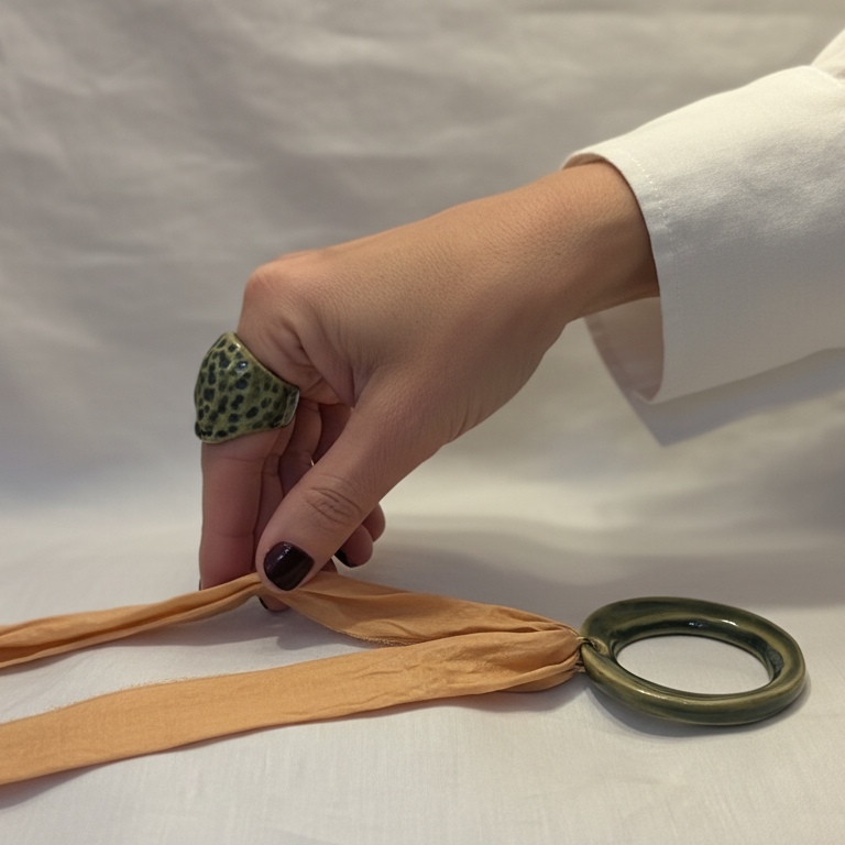 Áspid Anillo — anillo de porcelana con cúpula rugosa en esmalte verde musgo con manchas turquesa en mano con uñas burdeos y camisa blanca, fondo gris neutro