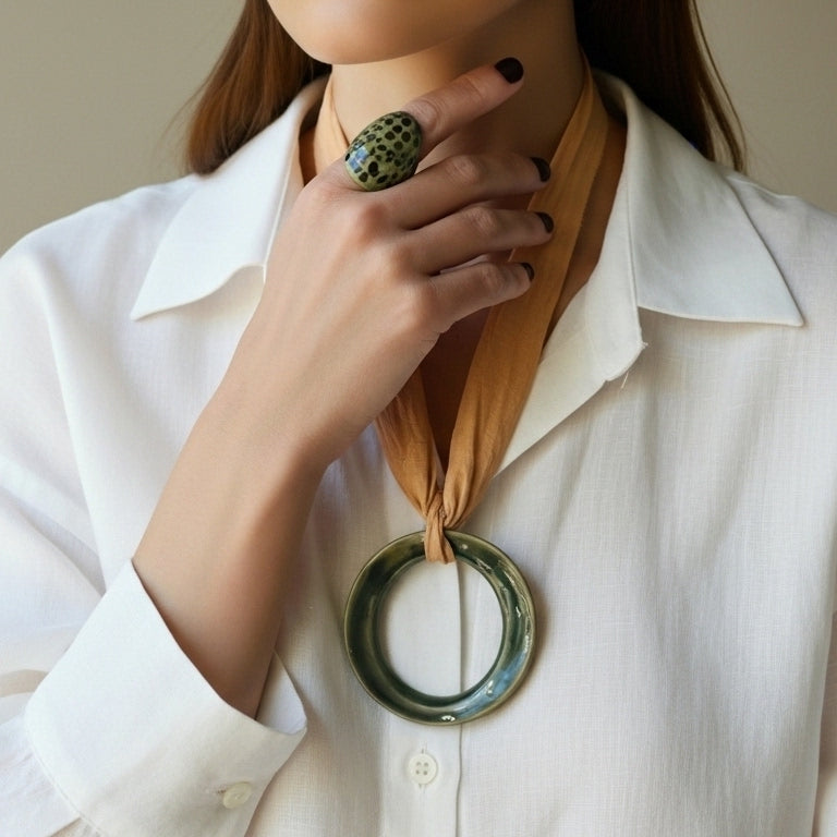 Áspid Anillo — anillo de porcelana verde musgo con manchas turquesa en mano apoyada en cuello con camisa blanca, colgante Áspid visible al fondo