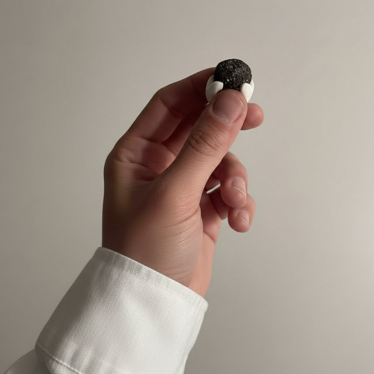 Antithétikós — anillo de porcelana blanca con masa negra rugosa sostenido entre dedos con camisa blanca, fondo gris neutro