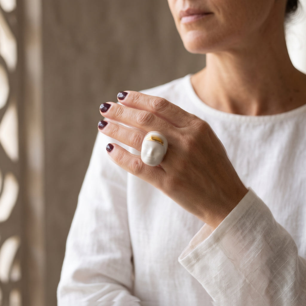 Domina — mano femenina con camisa blanca de lino alzada, anillo de porcelana con rostro y acabado dorado, fondo beige texturizado