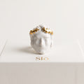 Dominus — vista frontal del anillo de porcelana con rostro y laurel dorado, presentado sobre caja de regalo Slō, fondo crema