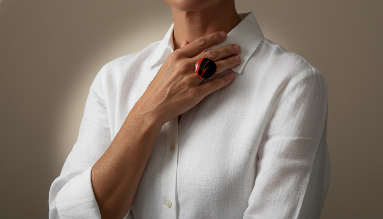 Magma — anillo de porcelana negro con vetas rojo carmín en mano apoyada en cuello, camisa lino blanca