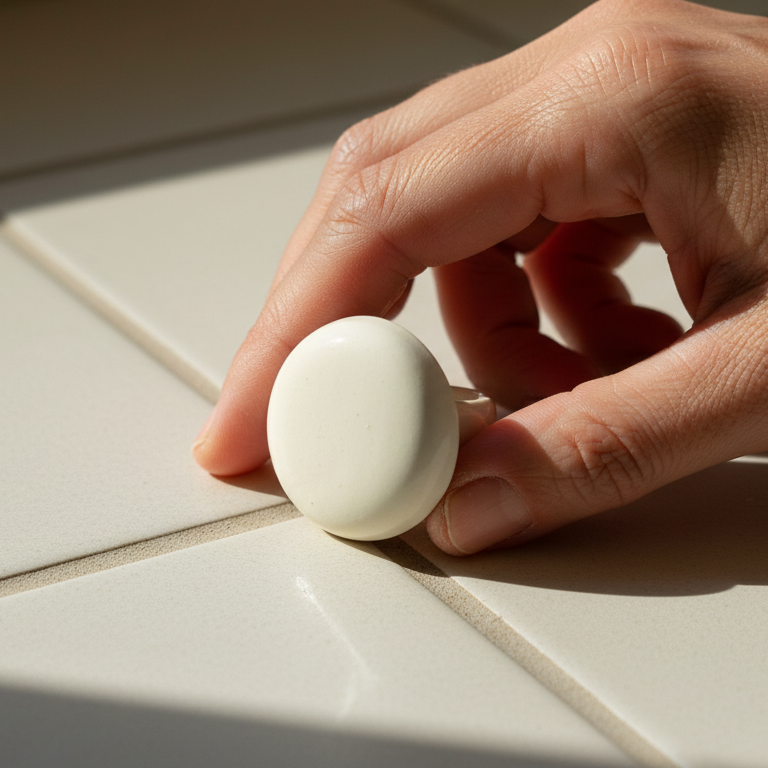 Esfera — anillo de porcelana blanca semiesférica sobre superficie de azulejo blanco con luz solar