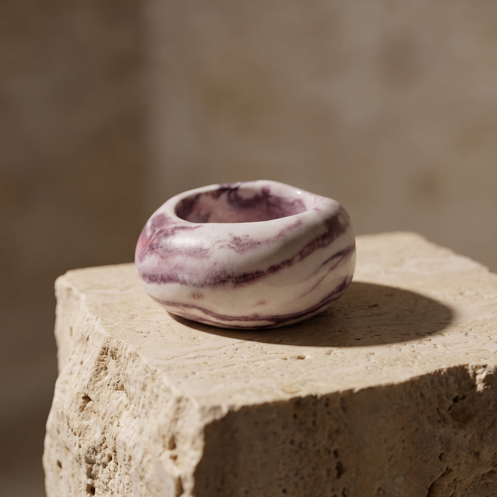 Petra Lilac — anillo de porcelana marmolada lila sobre piedra travertino con luz natural