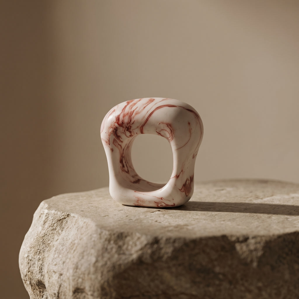 Petra Coral — anillo de porcelana blanca con vetas coral-rojo marmoladas apoyado sobre piedra natural, fondo beige cálido