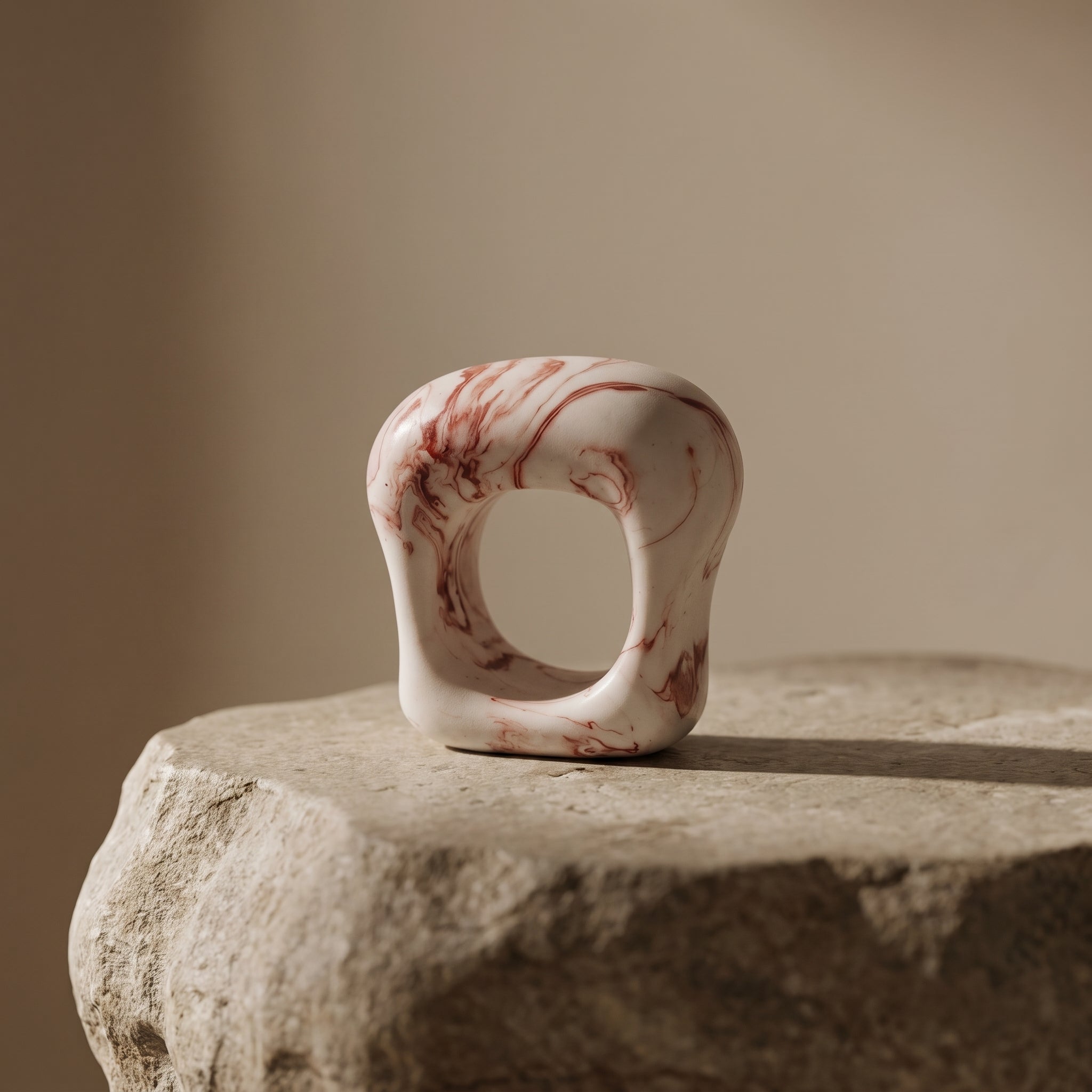 Petra Coral — anillo de porcelana blanca con vetas coral-rojo marmoladas apoyado sobre piedra natural, fondo beige cálido