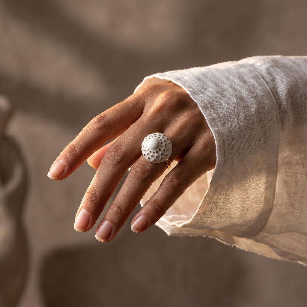 Girándola Blanco Oro S — vista lateral del anillo con aro dorado ancho y esfera de porcelana blanca con puntos dorados, fondo blanco